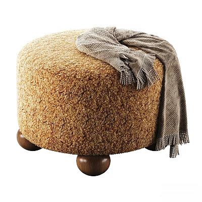 Round Brown Faux Fur Ottoman with Wooden Ball Legs and Cozy Gray Fringed Blanket 3d model
