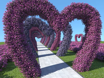 Heart Shaped Floral Arches With Purple Pink Flowers Along Pathway In Garden 3d model