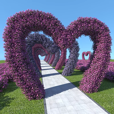 Heart Shaped Floral Arches With Purple Pink Flowers Along Pathway In Garden 3d model