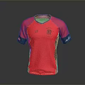 Red Sports Shirt With Black Accents And Logos On Sleeves And Chest