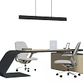Modern Office Desk Setup With Ergonomic Chairs Laptop Desk Lamp And Hanging Light