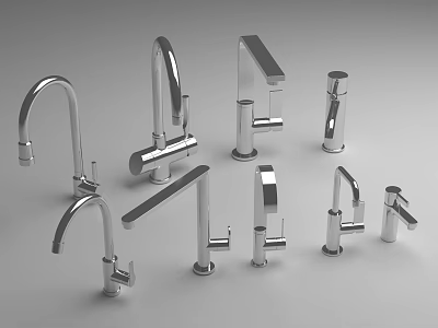 Silver Water Faucets In Various Styles Displayed As 3d model