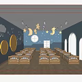 Kindergarten Naptime Room with Wooden Cribs Star Moon Decorations Blue Walls and Arched Windows
