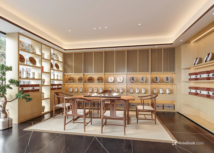 Traditional Chinese Teahouse Interior With Wooden Tables Chairs Display Shelves Tea Sets And Green Plants 3d model 