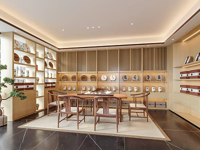 Traditional Chinese Teahouse Interior With Wooden Tables Chairs Display Shelves Tea Sets And Green Plants 3d model