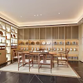 Traditional Chinese Teahouse Interior With Wooden Tables Chairs Display Shelves Tea Sets And Green Plants