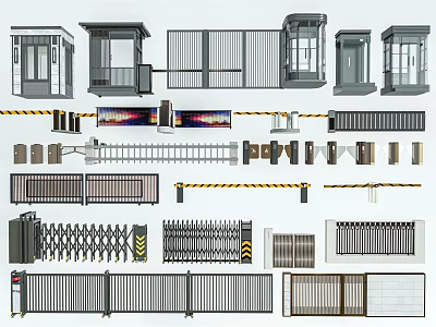 Various Types Of Security Gates Fencing Systems With Booths Railings And Designs 3d model