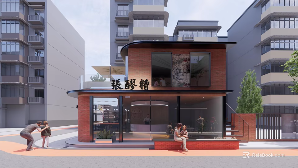 Elegant Red Brick Commercial Complex With Large Glass Windows And Entrance Steps On Street Side 3d model 