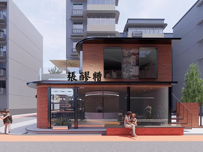 Elegant Red Brick Commercial Complex With Large Glass Windows And Entrance Steps On Street Side 3d model