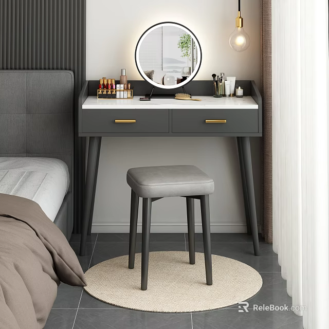 Modern Gray Dressing Table With White Top Round Mirror Cosmetics And Gray Stool 3d model 