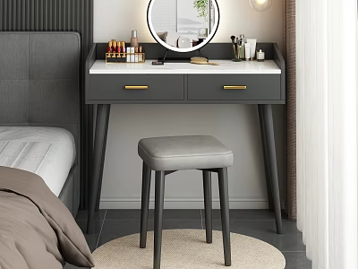 Modern Gray Dressing Table With White Top Round Mirror Cosmetics And Gray Stool 3d model