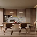 Modern Wooden Dining Room Interior With Dining Table Chairs Pendant Lights And Lattice Cabinet