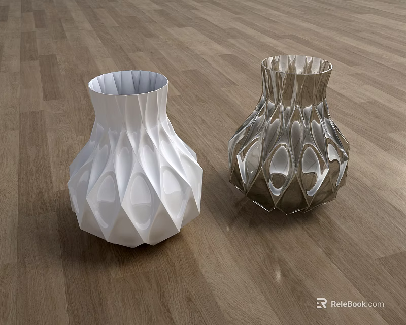 White and Silver Ceramic Vases With Geometric Patterns On Wooden Floor 3d model