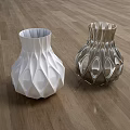 White and Silver Ceramic Vases With Geometric Patterns On Wooden Floor 3d model