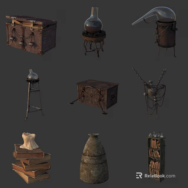 Vintage Decorative Ornament Set With Wooden Chests Metal Stands Vases And Books 3d model 