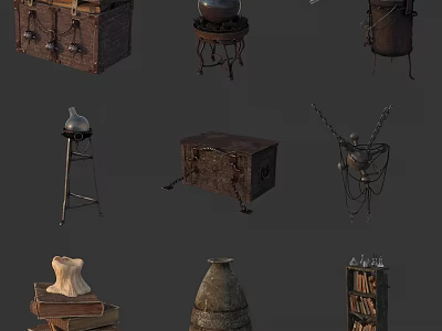 Vintage Decorative Ornament Set With Wooden Chests Metal Stands Vases And Books 3d model