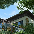Decorative Outdoor Garden Ornaments With Green Plants Trees And House Balcony Design