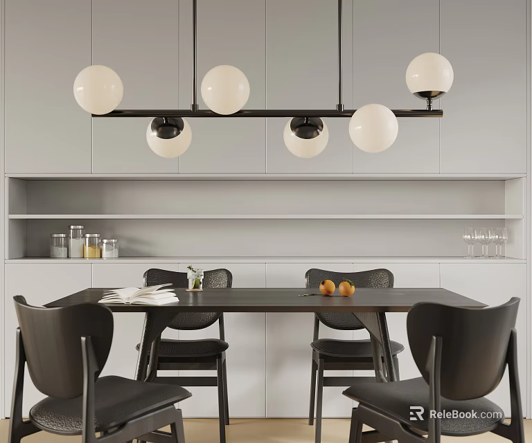 Modern Spherical Glass Shade Chandelier Over Dining Room Wooden Table With Black Chairs 3d model 