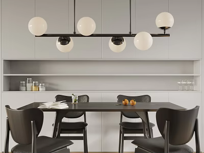 Modern Spherical Glass Shade Chandelier Over Dining Room Wooden Table With Black Chairs 3d model