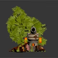 Rustic Outdoor Scene With Green Tree Telescope Target Tools And Circular Grass Base