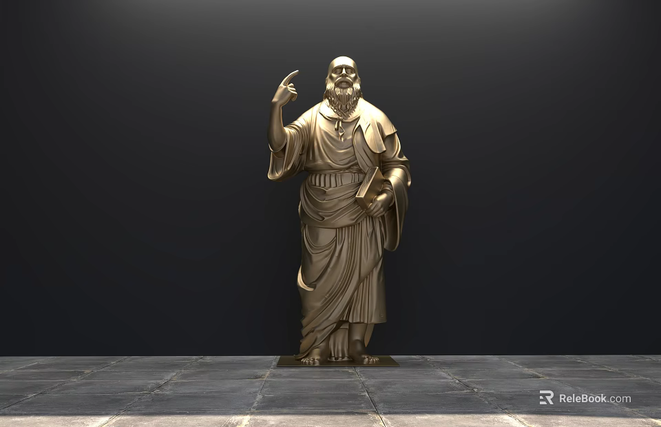Landscape Sculpture Golden Robed Figure With Raised Right Hand Holding Scroll on Dark Stone Floor 3d model 