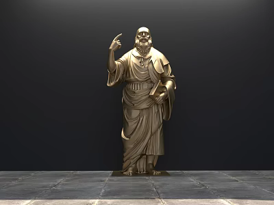 Landscape Sculpture Golden Robed Figure With Raised Right Hand Holding Scroll on Dark Stone Floor 3d model