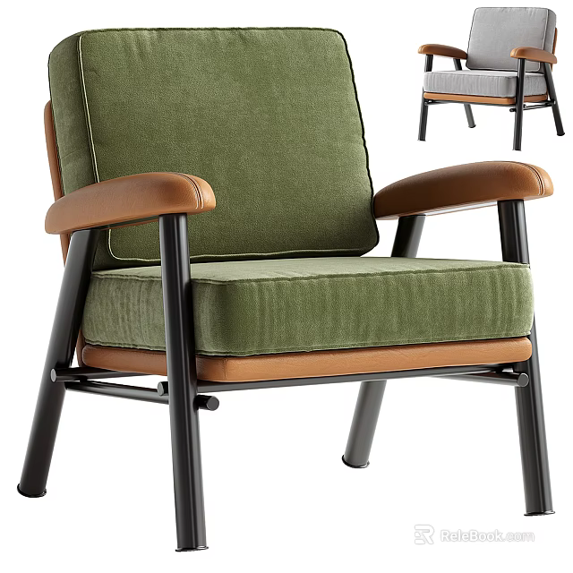 Modern Green Armchair with Brown Armrests and Black Metal Legs Comfortable Design 3d model 