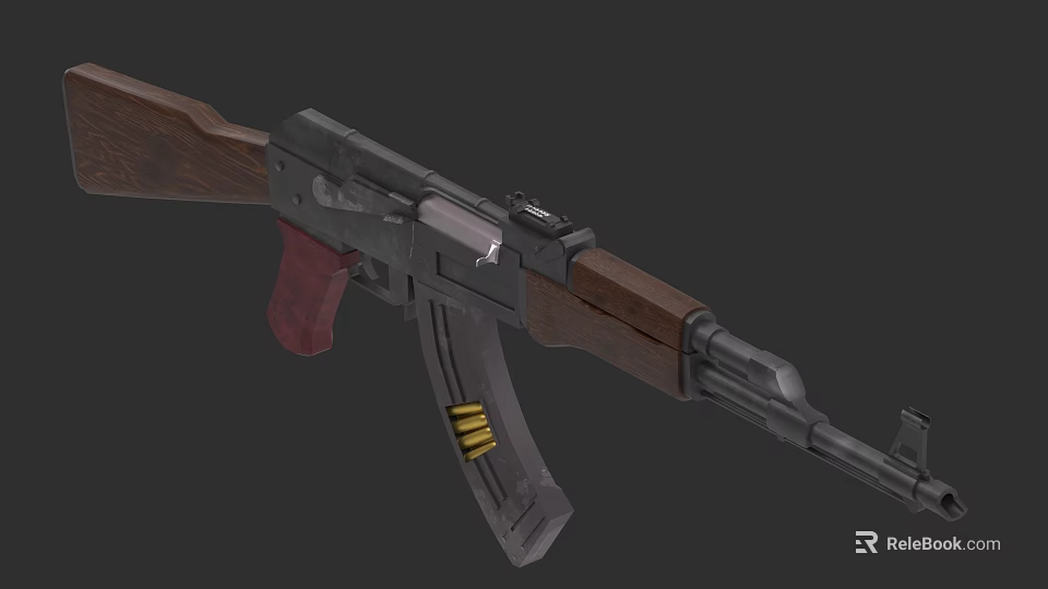 Military Assault Rifle With Wooden Stock Metal Components And Red Grip 3d model 
