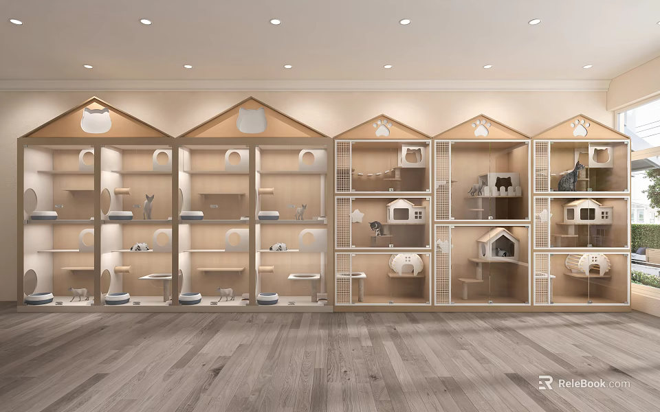 Cozy Wooden Pet Shop Interior With Cat Houses Climbing Frames And Supplies 3d model 