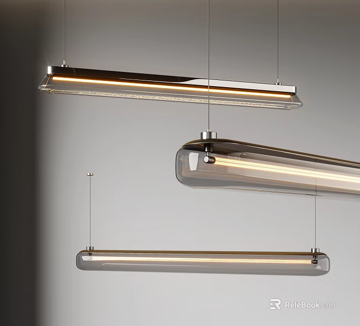 Modern Long Rectangular Pendant Lights With Metal Glass Shade And Illuminated Strip 3d model 