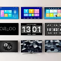 Modern Smart TV Display Screens With Colorful Interfaces Clock And Geometric Patterns 3d model