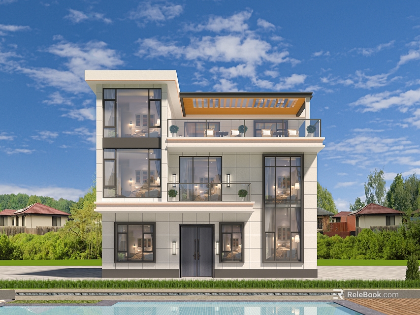 Modern Two Story Detached Villa with Large Windows Balcony Swimming Pool and Green Plants 3d model 