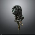 Green Patina Bronze Lion Sculpture Sitting On Decorative Metal Base Artwork
