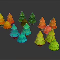 Colorful Cartoon Christmas Trees In Various Colors On Black Background With Reflections