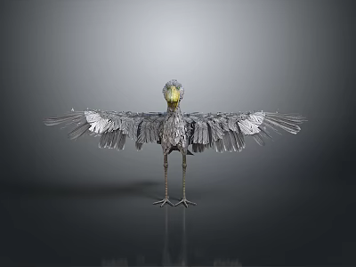Grey Feathered Bird with Yellow Beak and Spread Wings Standing on Smooth Surface Grey Background 3d model
