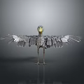 Grey Feathered Bird with Yellow Beak and Spread Wings Standing on Smooth Surface Grey Background