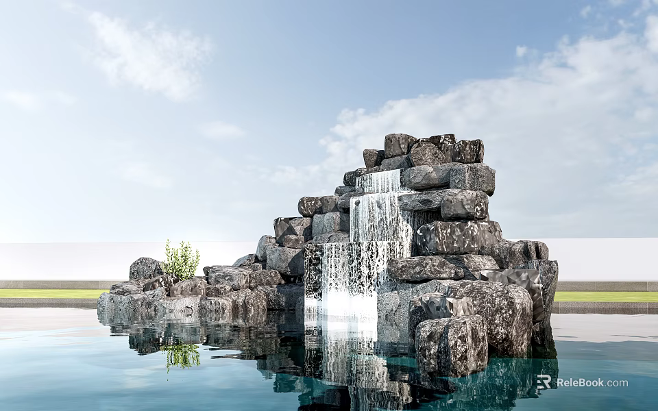 Natural Stone and Wood Waterfall Landscape with Pool Reflection and Green Plants 3d model 