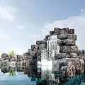 Natural Stone and Wood Waterfall Landscape with Pool Reflection and Green Plants