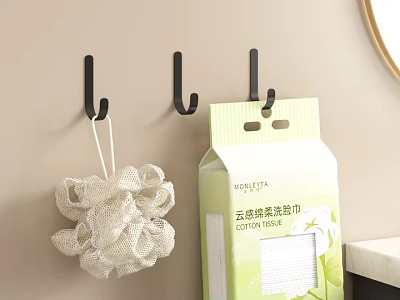 Practical Bathroom Daily Necessities With Bath Sponge And Cotton Towels On Wall Hooks 3d model