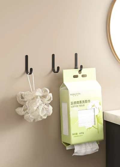 Practical Bathroom Daily Necessities With Bath Sponge And Cotton Towels On Wall Hooks 3d model