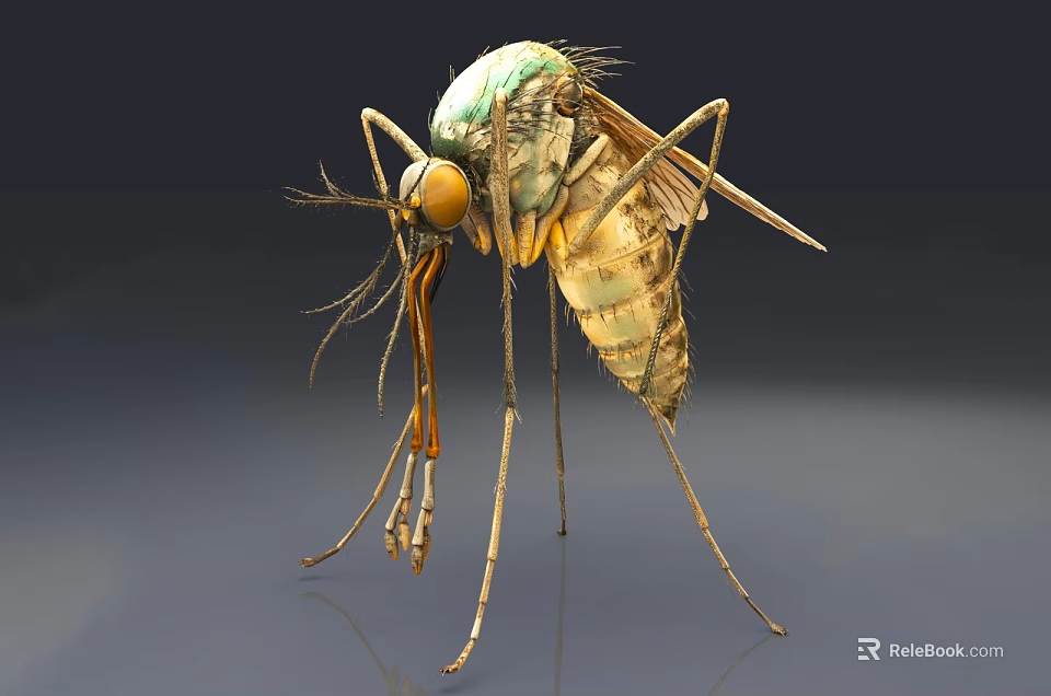 Close Up View Of Green Mosquito With Yellow Eyes And Long Legs On Gray Background 3d model 