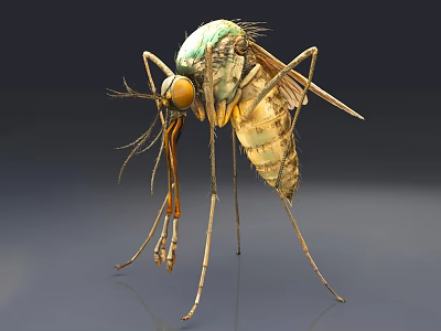 Close Up View Of Green Mosquito With Yellow Eyes And Long Legs On Gray Background 3d model
