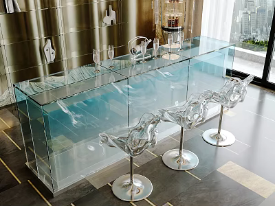 Modern Glass Bar Counter With Transparent Goblets Stainless Steel Backdrop And City View 3d model