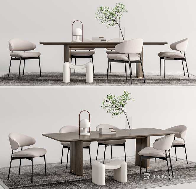 Modern Elegant Dining Table Set With Light-colored Chairs Wooden Top Green Plant And Vase 3d model 