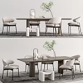 Modern Elegant Dining Table Set With Light-colored Chairs Wooden Top Green Plant And Vase