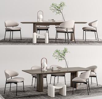 Modern Dining Table and Chair Combination Green Plant Vase Ornaments 3d model