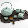 Elegant Light Green Tea Set With Teapot Teacups Lidded Cup And Wooden Tray