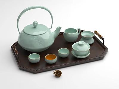 Elegant Light Green Tea Set With Teapot Teacups Lidded Cup And Wooden Tray 3d model