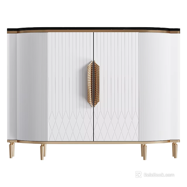 Elegant Modern White Display Cabinet Featuring Vertical Stripes Diamond Pattern And Gold Handle 3d model 