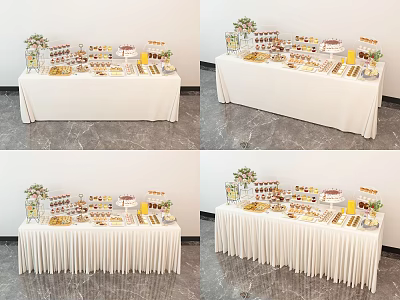 Elegant Food Display Table With Various Desserts Floral Decor And White Tablecloth 3d model